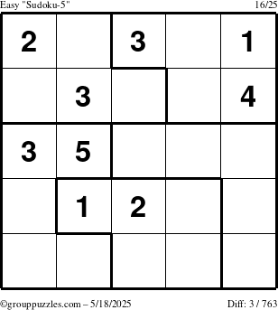 The grouppuzzles.com Easy Sudoku-5 puzzle for Sunday May 18, 2025