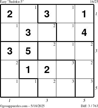 The grouppuzzles.com Easy Sudoku-5 puzzle for Sunday May 18, 2025 with all 3 steps marked