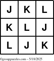 The grouppuzzles.com Answer grid for the TicTac-JKL puzzle for Sunday May 18, 2025