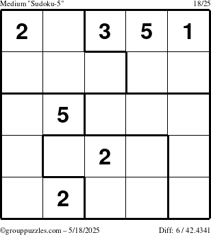 The grouppuzzles.com Medium Sudoku-5 puzzle for Sunday May 18, 2025