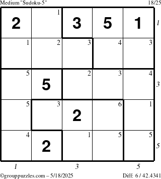 The grouppuzzles.com Medium Sudoku-5 puzzle for Sunday May 18, 2025 with all 6 steps marked