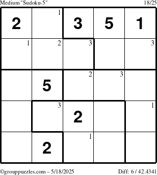 The grouppuzzles.com Medium Sudoku-5 puzzle for Sunday May 18, 2025 with the first 3 steps marked