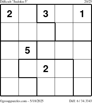 The grouppuzzles.com Difficult Sudoku-5 puzzle for Sunday May 18, 2025