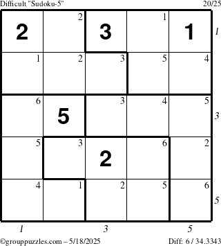 The grouppuzzles.com Difficult Sudoku-5 puzzle for Sunday May 18, 2025 with all 6 steps marked