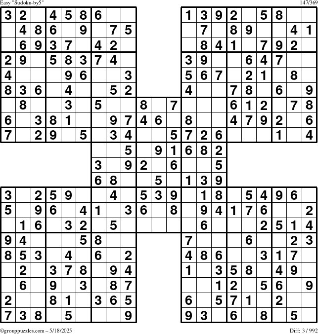 The grouppuzzles.com Easy Sudoku-by5 puzzle for Sunday May 18, 2025