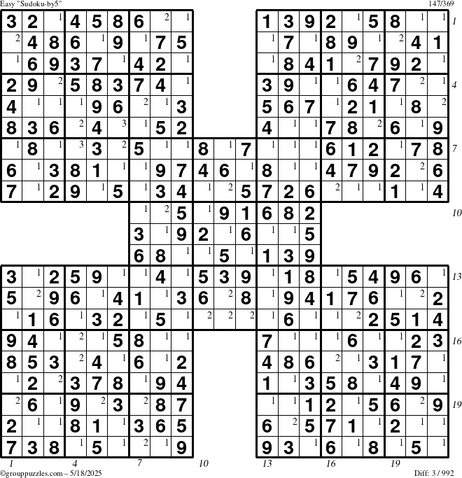 The grouppuzzles.com Easy Sudoku-by5 puzzle for Sunday May 18, 2025 with all 3 steps marked