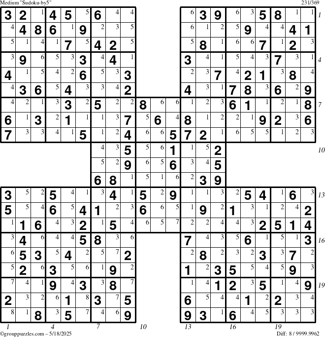 The grouppuzzles.com Medium Sudoku-by5 puzzle for Sunday May 18, 2025, suitable for printing, with all 8 steps marked