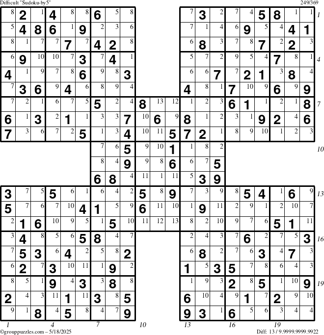 The grouppuzzles.com Difficult Sudoku-by5 puzzle for Sunday May 18, 2025 with all 13 steps marked