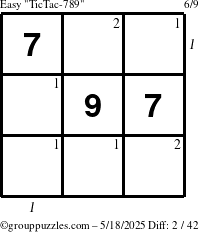 The grouppuzzles.com Easy TicTac-789 puzzle for Sunday May 18, 2025 with all 2 steps marked