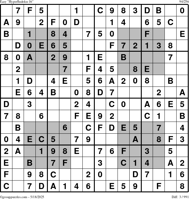 The grouppuzzles.com Easy HyperSudoku-16 puzzle for Sunday May 18, 2025
