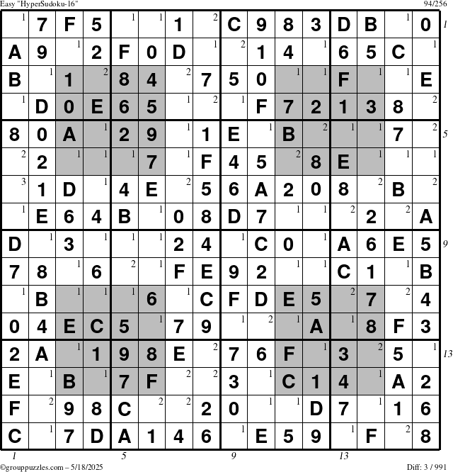 The grouppuzzles.com Easy HyperSudoku-16 puzzle for Sunday May 18, 2025, suitable for printing, with all 3 steps marked