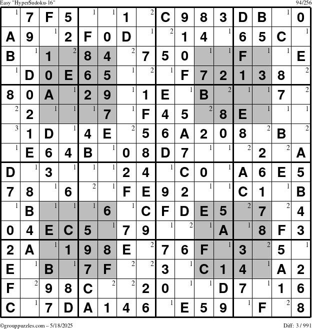 The grouppuzzles.com Easy HyperSudoku-16 puzzle for Sunday May 18, 2025 with the first 3 steps marked