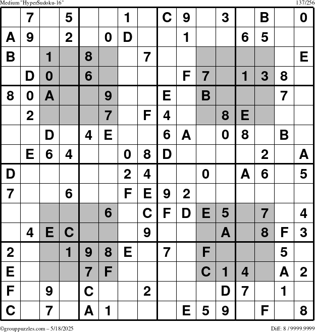 The grouppuzzles.com Medium HyperSudoku-16 puzzle for Sunday May 18, 2025