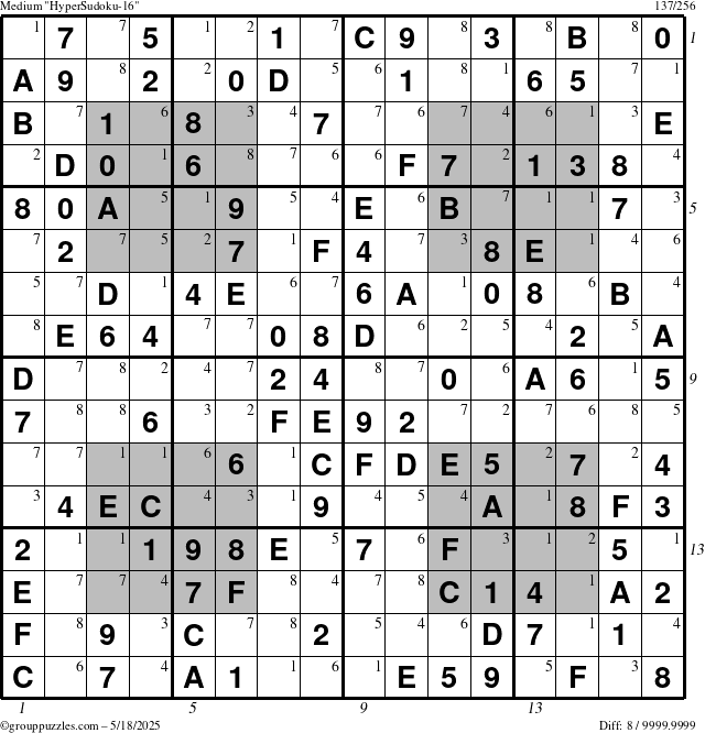 The grouppuzzles.com Medium HyperSudoku-16 puzzle for Sunday May 18, 2025 with all 8 steps marked