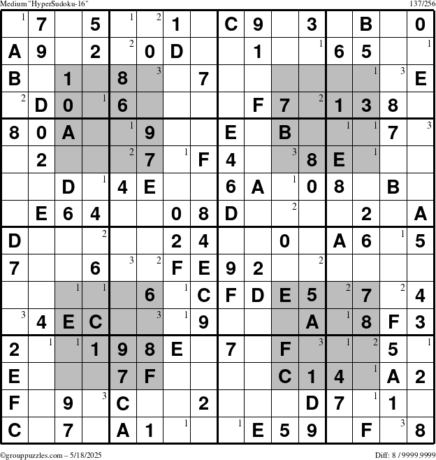 The grouppuzzles.com Medium HyperSudoku-16 puzzle for Sunday May 18, 2025 with the first 3 steps marked