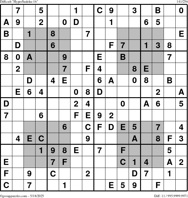 The grouppuzzles.com Difficult HyperSudoku-16 puzzle for Sunday May 18, 2025