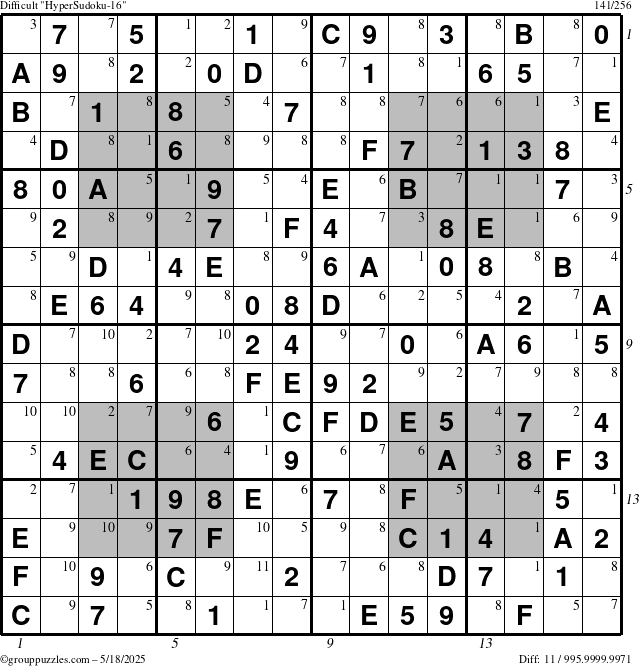 The grouppuzzles.com Difficult HyperSudoku-16 puzzle for Sunday May 18, 2025 with all 11 steps marked