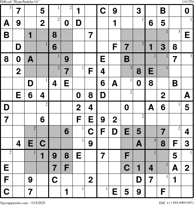 The grouppuzzles.com Difficult HyperSudoku-16 puzzle for Sunday May 18, 2025 with the first 3 steps marked