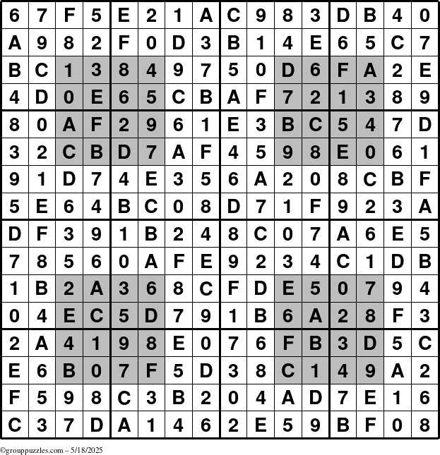 The grouppuzzles.com Answer grid for the HyperSudoku-16 puzzle for Sunday May 18, 2025