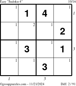 The grouppuzzles.com Easy Sudoku-4 puzzle for Thursday November 21, 2024 with all 2 steps marked