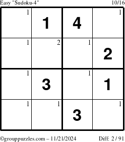 The grouppuzzles.com Easy Sudoku-4 puzzle for Thursday November 21, 2024 with the first 2 steps marked