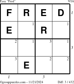 The grouppuzzles.com Easy Fred puzzle for Thursday November 21, 2024 with all 3 steps marked