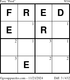 The grouppuzzles.com Easy Fred puzzle for Thursday November 21, 2024 with the first 3 steps marked