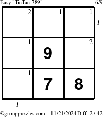 The grouppuzzles.com Easy TicTac-789 puzzle for Thursday November 21, 2024 with all 2 steps marked