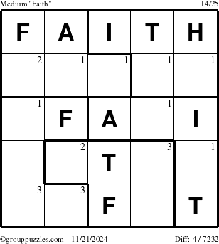 The grouppuzzles.com Medium Faith puzzle for Thursday November 21, 2024 with the first 3 steps marked