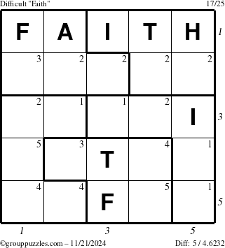 The grouppuzzles.com Difficult Faith puzzle for Thursday November 21, 2024 with all 5 steps marked