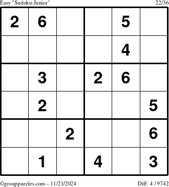 The grouppuzzles.com Easy Sudoku-Junior puzzle for Thursday November 21, 2024