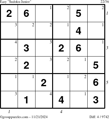 The grouppuzzles.com Easy Sudoku-Junior puzzle for Thursday November 21, 2024 with all 4 steps marked