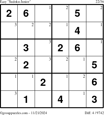 The grouppuzzles.com Easy Sudoku-Junior puzzle for Thursday November 21, 2024 with the first 3 steps marked