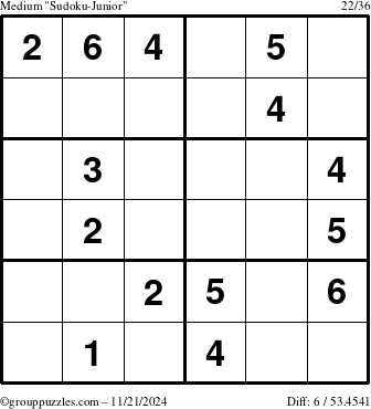 The grouppuzzles.com Medium Sudoku-Junior puzzle for Thursday November 21, 2024