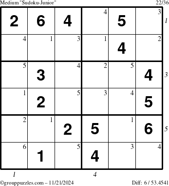 The grouppuzzles.com Medium Sudoku-Junior puzzle for Thursday November 21, 2024 with all 6 steps marked