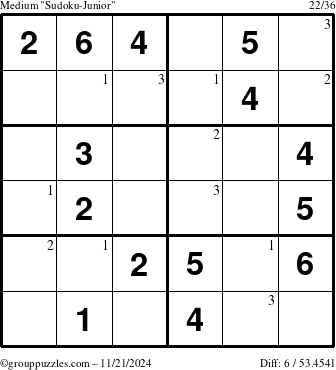 The grouppuzzles.com Medium Sudoku-Junior puzzle for Thursday November 21, 2024 with the first 3 steps marked