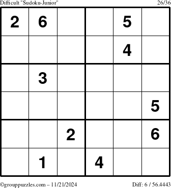 The grouppuzzles.com Difficult Sudoku-Junior puzzle for Thursday November 21, 2024