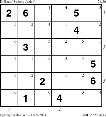 The grouppuzzles.com Difficult Sudoku-Junior puzzle for Thursday November 21, 2024 with all 6 steps marked