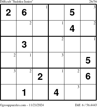 The grouppuzzles.com Difficult Sudoku-Junior puzzle for Thursday November 21, 2024 with the first 3 steps marked