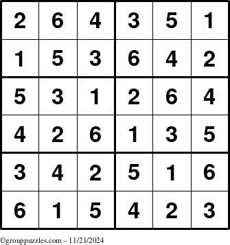 The grouppuzzles.com Answer grid for the Sudoku-Junior puzzle for Thursday November 21, 2024