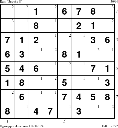 The grouppuzzles.com Easy Sudoku-8 puzzle for Thursday November 21, 2024 with all 3 steps marked