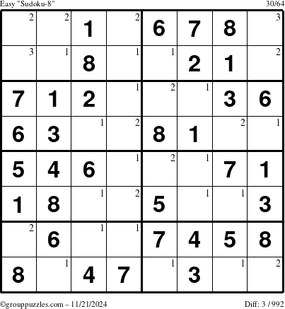 The grouppuzzles.com Easy Sudoku-8 puzzle for Thursday November 21, 2024 with the first 3 steps marked