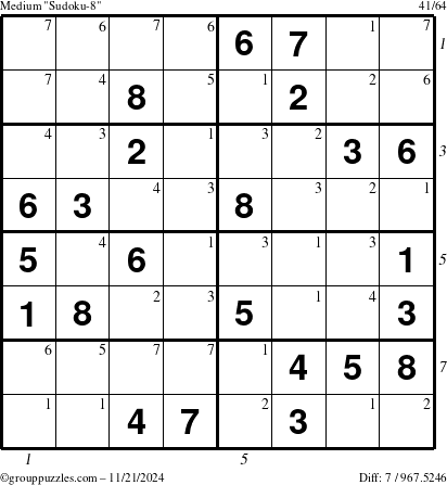 The grouppuzzles.com Medium Sudoku-8 puzzle for Thursday November 21, 2024 with all 7 steps marked