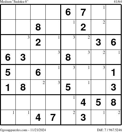 The grouppuzzles.com Medium Sudoku-8 puzzle for Thursday November 21, 2024 with the first 3 steps marked