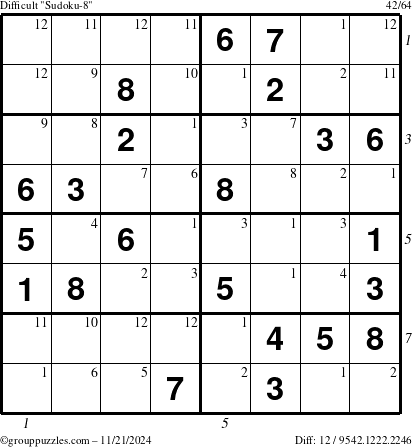 The grouppuzzles.com Difficult Sudoku-8 puzzle for Thursday November 21, 2024 with all 12 steps marked