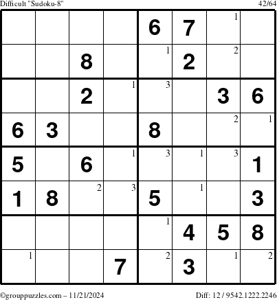 The grouppuzzles.com Difficult Sudoku-8 puzzle for Thursday November 21, 2024 with the first 3 steps marked