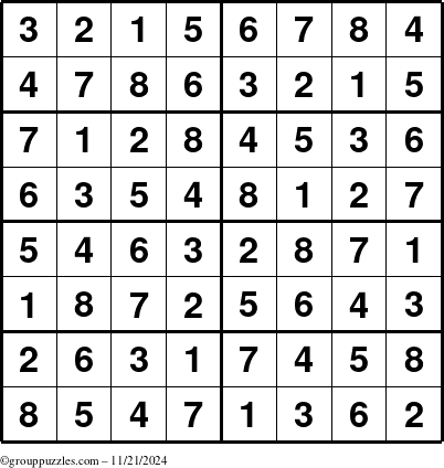 The grouppuzzles.com Answer grid for the Sudoku-8 puzzle for Thursday November 21, 2024