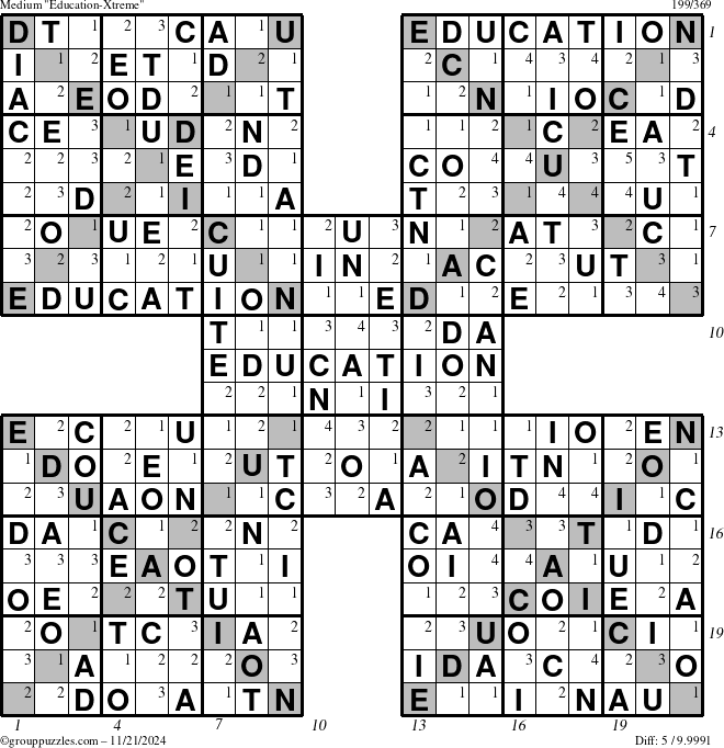 The grouppuzzles.com Medium Education-Xtreme puzzle for Thursday November 21, 2024 with all 5 steps marked