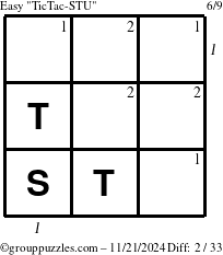 The grouppuzzles.com Easy TicTac-STU puzzle for Thursday November 21, 2024 with all 2 steps marked