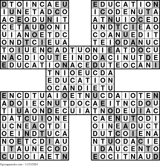 The grouppuzzles.com Answer grid for the Education-Xtreme puzzle for Thursday November 21, 2024